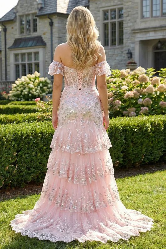 Sevoba floral sequin corset off the shoulder prom dress with adjustable lace up corset back and layered tulle skirt, back view outdoors