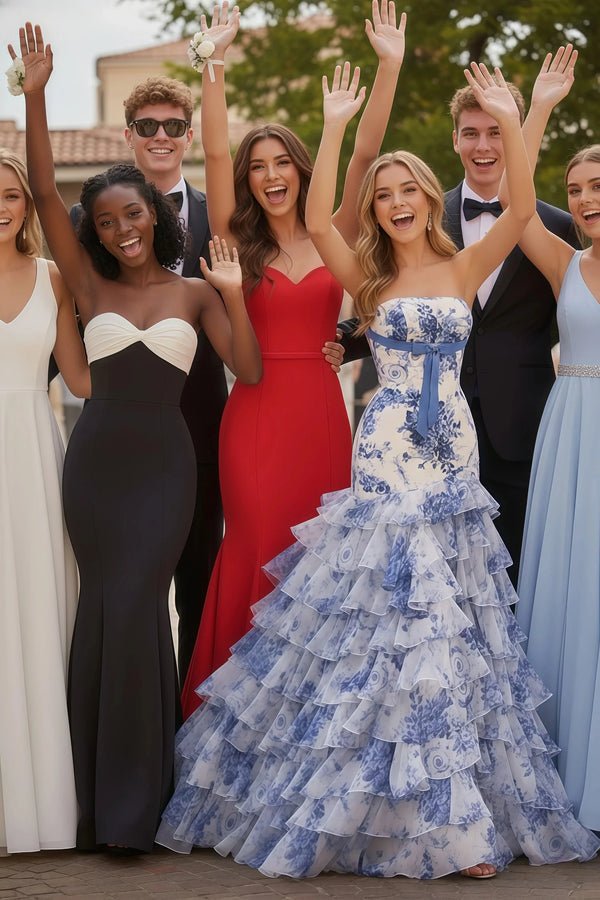 Sevoba prom group photo with friends in formalwear, showing real-life colours and fit.