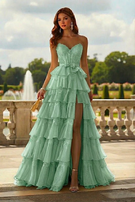 Strapless Lace Tiered Ruffle Prom Dress with Slit & Corset Back | Promspark