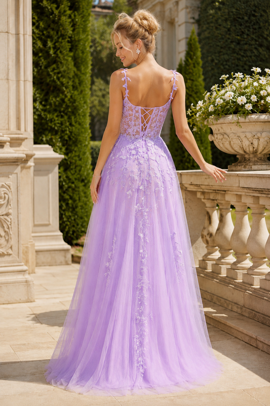 A Line V Neck Sleeveless Sweep Train Tulle Prom Dress back view