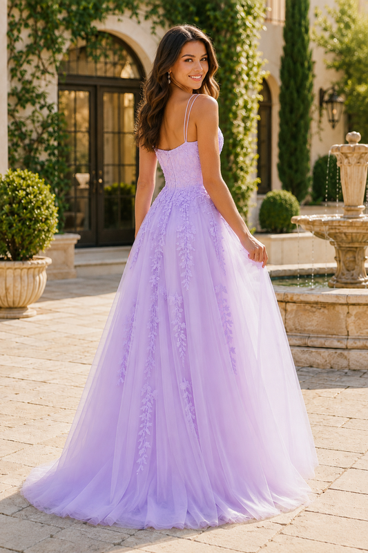 A Line Square Neckline Sleeveless Sweep Train Tulle Prom Dress back view