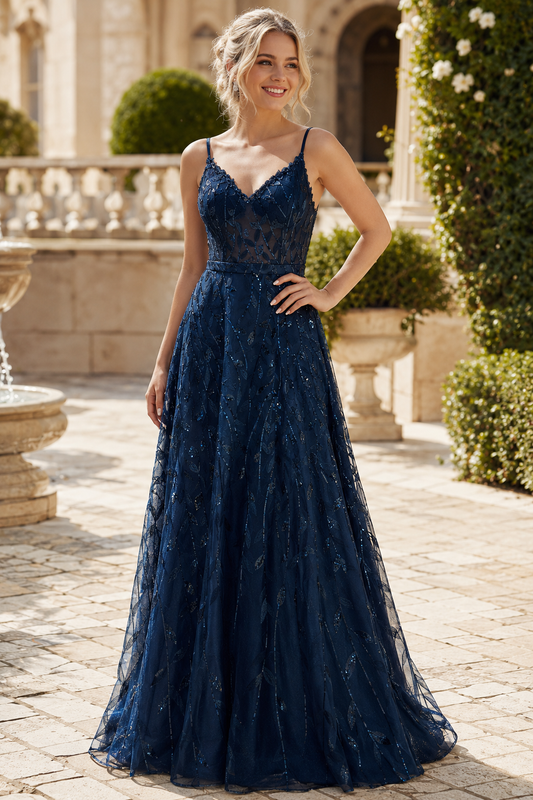 A Line V Neck Floor Length Tulle Prom Dress front view