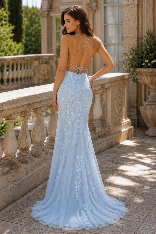 Mermaid Square Neckline Sweep Train Tulle Prom Dress back view