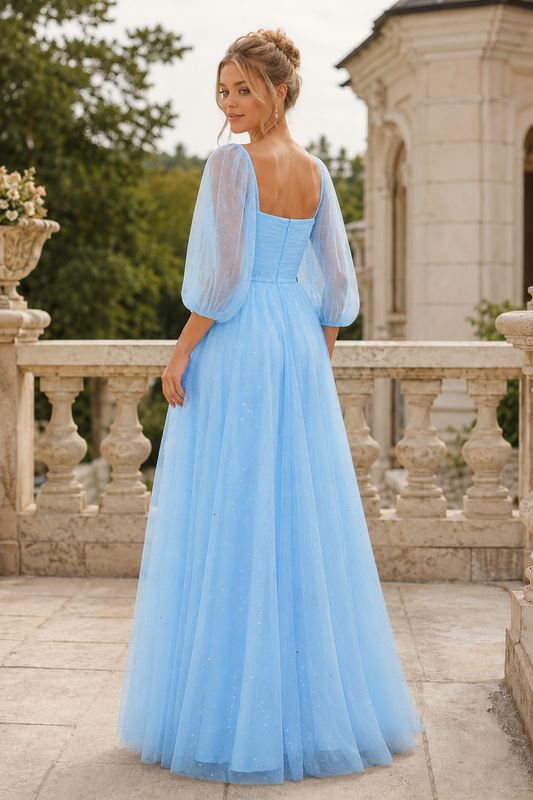 A Line Square Neckline 3 4 Sleeve Floor Length Tulle Prom Dress back view