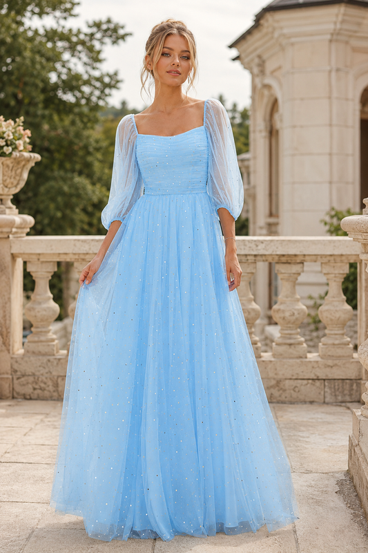 A Line Square Neckline 3 4 Sleeve Floor Length Tulle Prom Dress front view