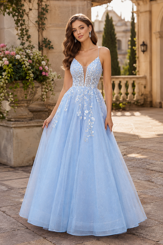 A Line V Neck Tulle Prom Dress front view