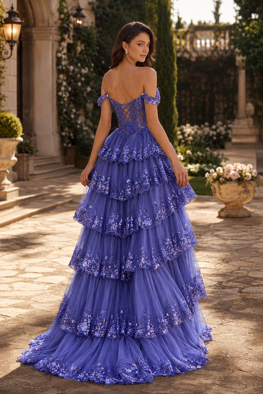 A Line Off the Shoulder Sweep Train Tulle Prom Dress back view