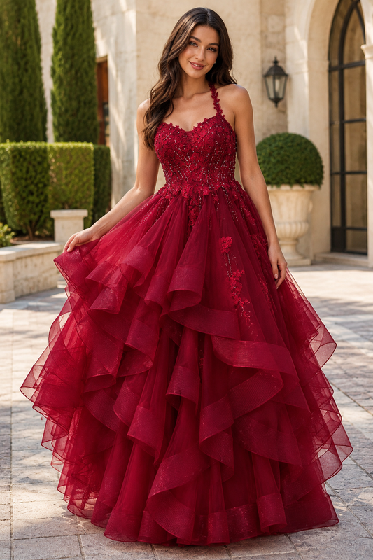 A Line V Neck Floor Length Tulle Prom Dress front view