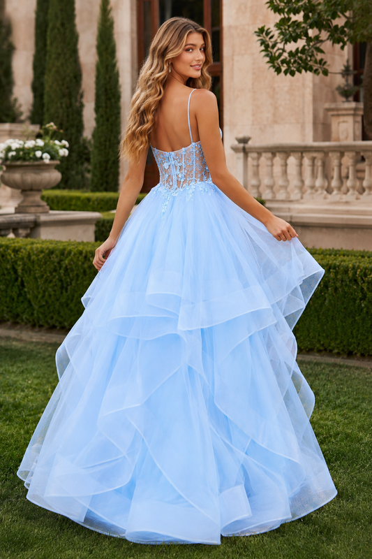 Ball Gown V Neck Sweep Train Tulle Prom Dress back view