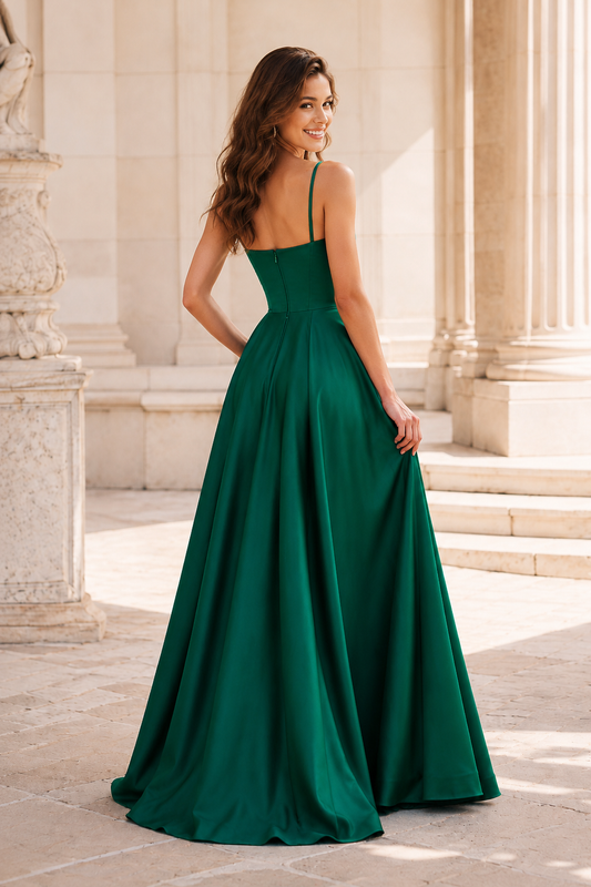 A Line Sweetheart Satin Floor Length Prom Dress back view
