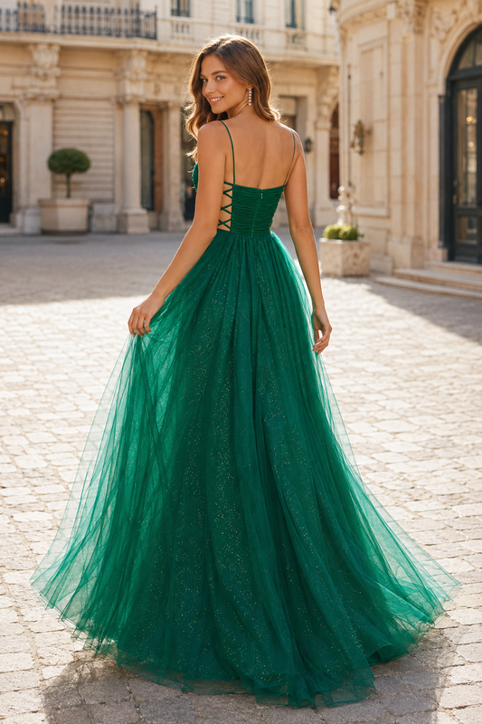 A Line Square Neckline Sleeveless Sweep Train Tulle Prom Dress front view