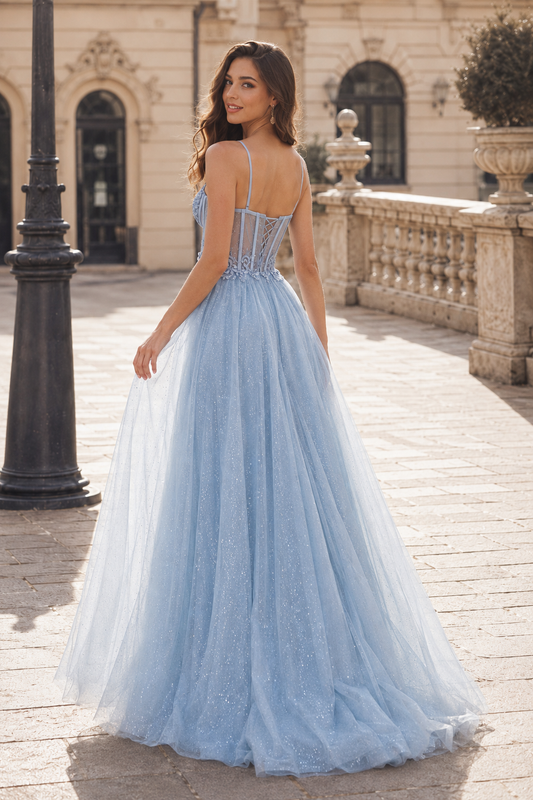 A Line Sweetheart Sleeveless Sweep Train Tulle Prom Dress back view