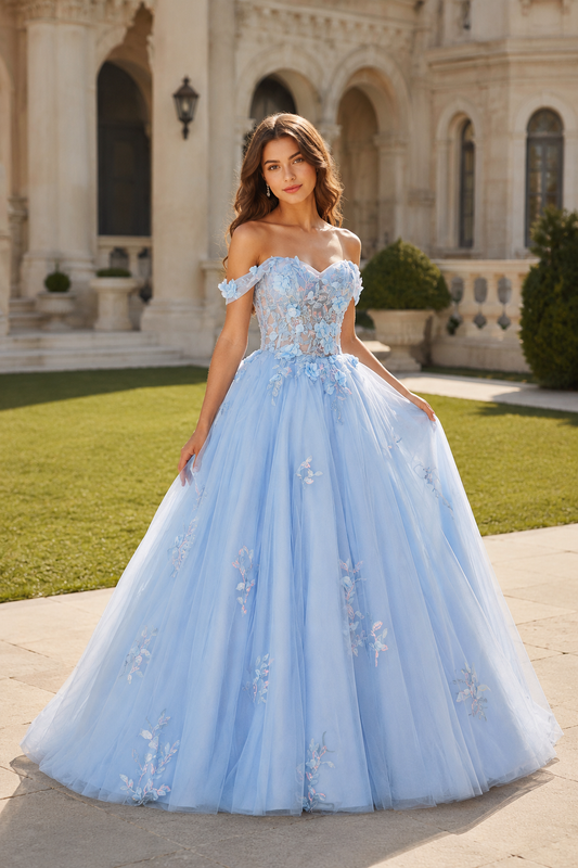 Ball Gown Princess Off the Shoulder Sleeveless Long Floor Length Tulle Prom Dress front view